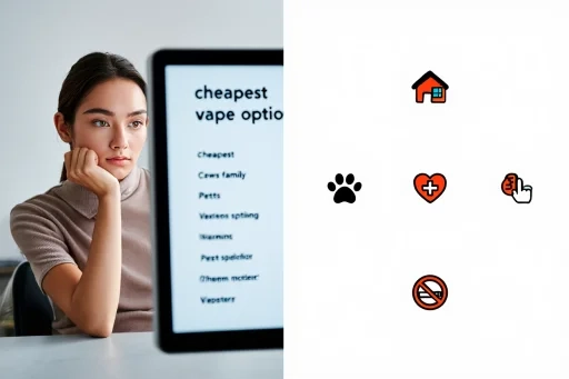 A person thoughtfully considering various affordable vape options displayed on a screen, with icons representing lifestyle factors like pets, family, and health.